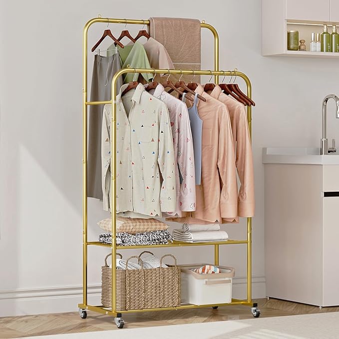SUOERNUO Clothes Rack with Wheels Garment Rack for Hanging Heavy-Duty Clothing Rack Metal Rolling Clothes Shelves for Bedroom, Closet (Golden)