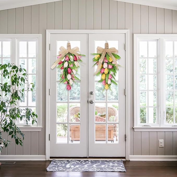 2 Pcs Artificial Tulips Teardrop Swag for Front Door,18 in Spring Floral Swags Wreath with Colorful Tulips,Green Leaves and Burlap Bows,Spring Summer Teardrop Wreath,Wedding Decorative Swag
