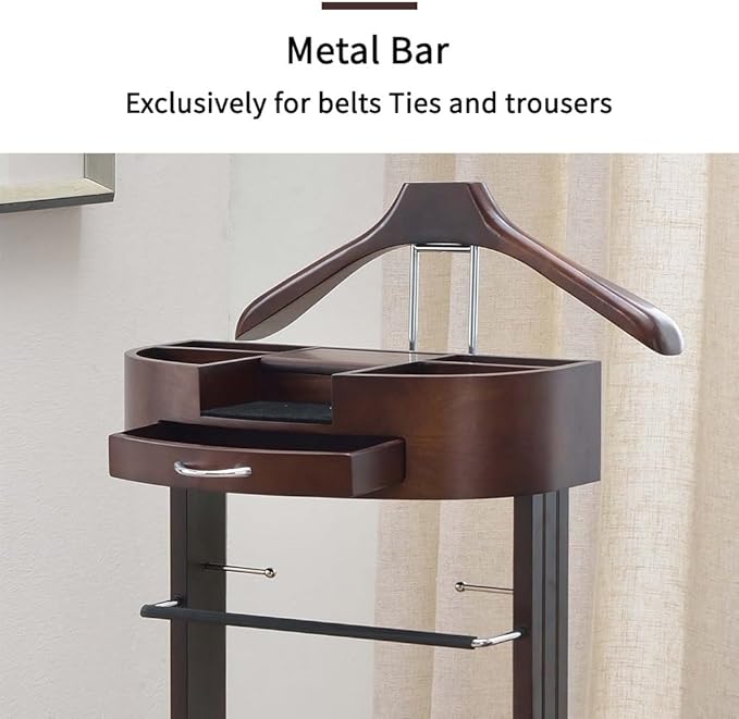 Wood Suit Valet Stand With Drawer Top Tray Freestanding Clothing Valet Stand Suit With Contour Hanger Trouser Bar Tie & Belt Hooks And Shoe Rack Clothes Rack Organizer Storage (Dark Brown B)
