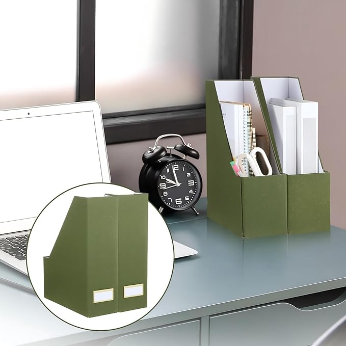 Gueevin Set of 6 Magazine File Holders, Sturdy Cardboard Desk Magazine Organizer with Gold Label Slots, Foldable File Folder Rack for Home Office Classroom Library(Green)