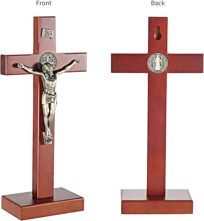 ARCHOBAN Wooden Crucifix Wall Cross Catholic with Stand, 10.7 Inch Jesus Christ Standing Cross for Wall and Table - Brown + Antique Brass