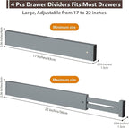 4 PCS Drawer Divider, 17"-22" Adjustable Bamboo Drawer Dividers Organizers, Expandable Separators for Kitchen, Clothes, Dressers, Home, Office, Gray