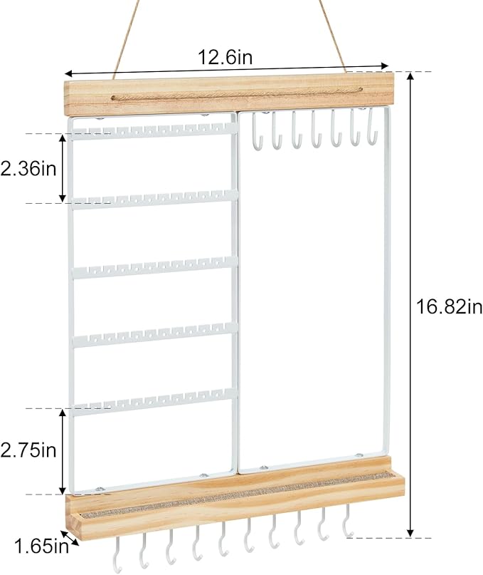 Hanging Jewelry Organizer and Storage, 5-Tier White Earring Necklace Holder Jewelry Display Organizer Stand Rack, Wall Mounted for Earrings Necklaces Bracelets and Rings, White