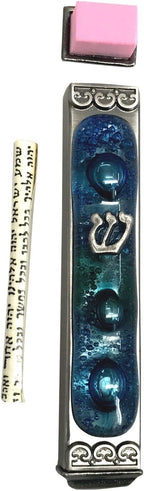 Tamara Baskin Art Glass Mediterranean Sea Mezuzah, Weatherproof Metal Case - Gift Box and Scroll Included - Handmade in the USA - Guaranteed for Life