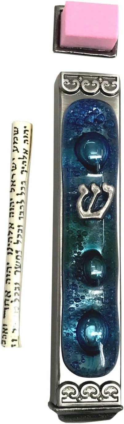 Tamara Baskin Art Glass Mediterranean Sea Mezuzah, Weatherproof Metal Case - Gift Box and Scroll Included - Handmade in the USA - Guaranteed for Life