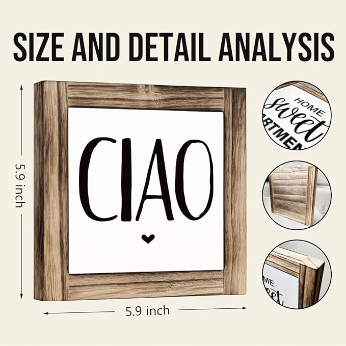 Ciao Wood Sign, Front Door Signs for Porch Decor, Farmhouse Shelf Counter Decor, Home Decor for Living Room, Entryway Decors, Welcome Decoration, Decorative Wooden Table Signs, 5.9×5.9 inches