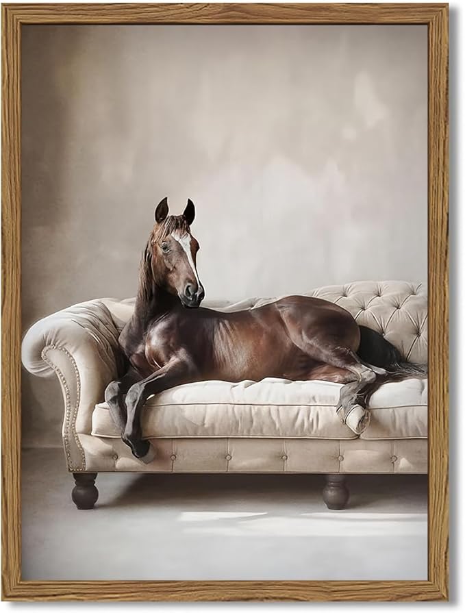 Framed Funny Horse Canvas Wall Art, Vintage Western Brown Horse On Sofa Pictures Wall Decor, Rustic Farmhouse Animal Paintings Prints for Living Room Bedroom Office Dorm 16x24 inch