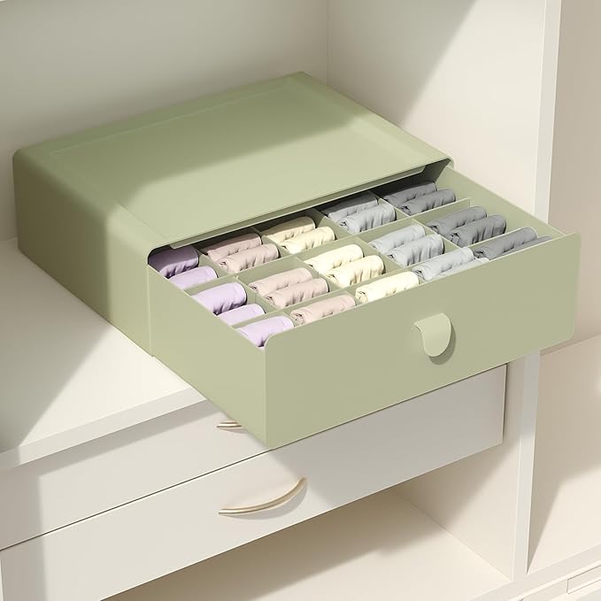 Underwear Organizer Drawer, 15 Cells Plastic Socks Drawer, Stackable Closet Organizer, Storage Box for Bras, Panties, Snacks, Green