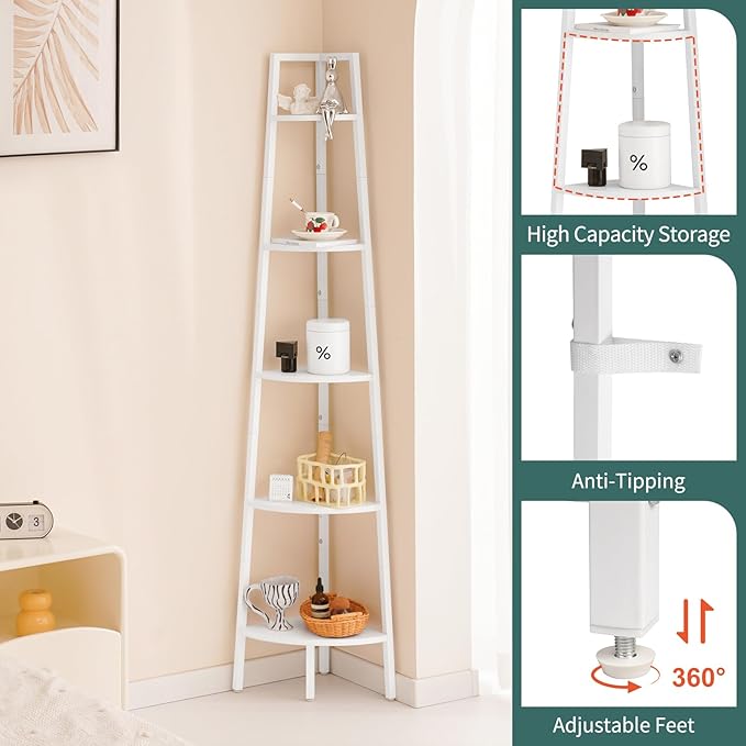 Yoobure Corner Shelf, 5-Tier Corner Bookshelf with Metal Frame & Wood Ladder Shelves - Display Shelf & Tall Bookcase, Plant Stand for Home Decor - Bedroom, Living Room, Office