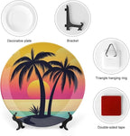 Coconut Trees Theme Decorative Ceramic Plate Round Porcelain Plate,10 inch,Sunset Pattern,for Decorative Ornaments Giving Plates,1 Plate with 1 Display Stand,Orange Pink