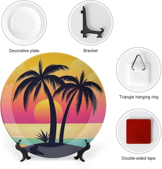Coconut Trees Theme Decorative Ceramic Plate Round Porcelain Plate,8 inch,Sunset Pattern,for Decorative Ornaments Giving Plates,1 Plate with 1 Display Stand,Orange Pink