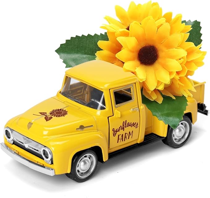 Huray Rayho Sunflower Metal Truck with Artificial Plastic Flower Yellow Vintage Farm Pickup Farmhouse Tabletop Tiered Tray Decor Home Kitchen Mantel Shelf Spring Mini Diecast Truck Decorations