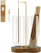 Incense Holder,Wooden Incense Holder for Sticks with 20 Incense Sticks, Anti-ash Incense Burner with Glass Ash Catcher, Wood Incense Holder 20 Stick (2 Glass Ellipse Base)