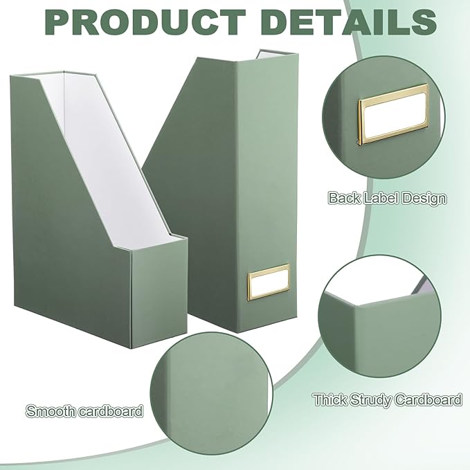 Feifeiya Magazine File Holder Set of 6 Stylish Sturdy Cardboard File Boxes Desk Organizer Beautiful Magazine Holder Rack with Gold Label Holder for Home Office Desktop Bookshelf Classroom(Sage Green)