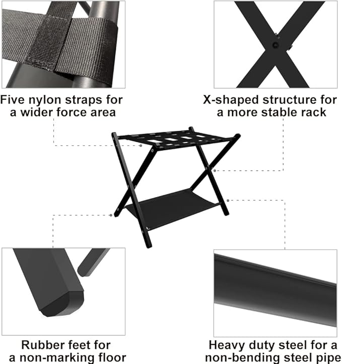 Folding Luggage Rack for Guest Room, Metal Foldable Suitcase Stand Holder with Cloth Shelf for Bedroom, Black, 2pack