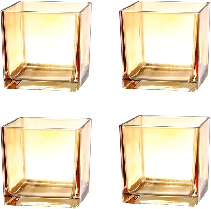 Square Glass Vases Set of 4, 4"x 4"x 4" Flower Vases for Centerpieces, Amber Glass Vase for Flowers, Small Vase for Wedding, Party, Home Office Decoration