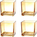 Square Glass Vases Set of 4, 4"x 4"x 4" Flower Vases for Centerpieces, Amber Glass Vase for Flowers, Small Vase for Wedding, Party, Home Office Decoration