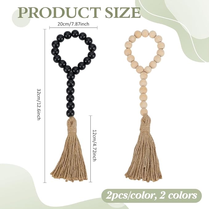 PH PandaHall 4pcs Wood Bead Garlands 12.6 Inch Decorative Wooden Hanging Bead Garland with Tassels for Vase Door Knob Hanging Ornaments Farmhouse Dector, Black/Natural Wood