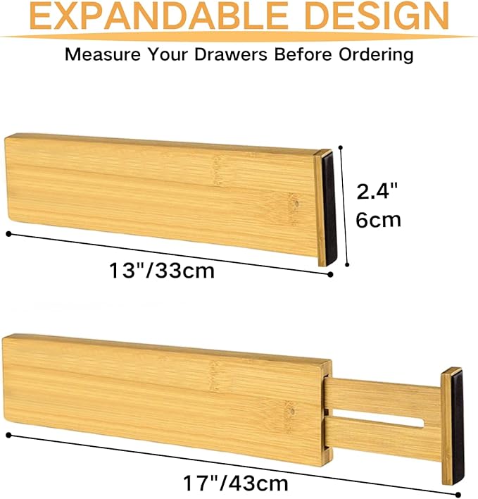 Bamboo Drawer Dividers Set of 4, Adjustable Drawer Organizers for Kitchen, Bedroom, Bathroom, Dresser & Office (13"-17")