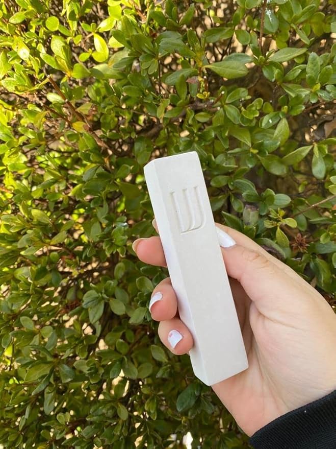 A&S Mezuzot Modern Concrete Mezuzah Case with Scroll, Easy Peel and Stick Mezuza (Ivory+ Engraved Shin, 5 Inches)