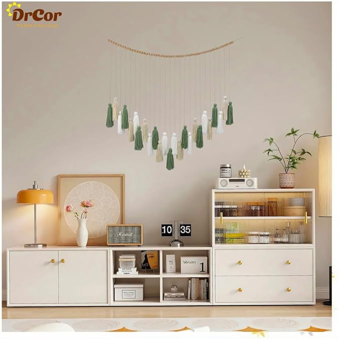DrCor Sage Green Boho Tassel Garland – Neutral Wall Hanging for Living Room, Bedroom, or Reading Corner, Dorm Room or Entryway Decor, Baby Shower, Birthday Party or Cozy Farmhouse Decoration