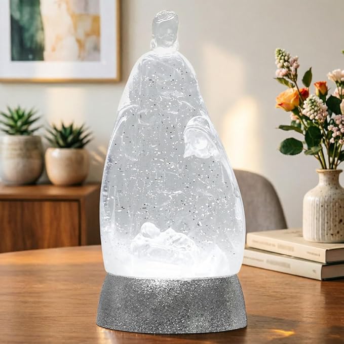 Nativity Snow Globe Holy Family Lighted Snowglobe Lantern with 6H Timer, Battery Operated Nativity Water Globe, White Nativity Scene Religious Decor Gift for Prayer Room, Church, Tabletop, Home Décor