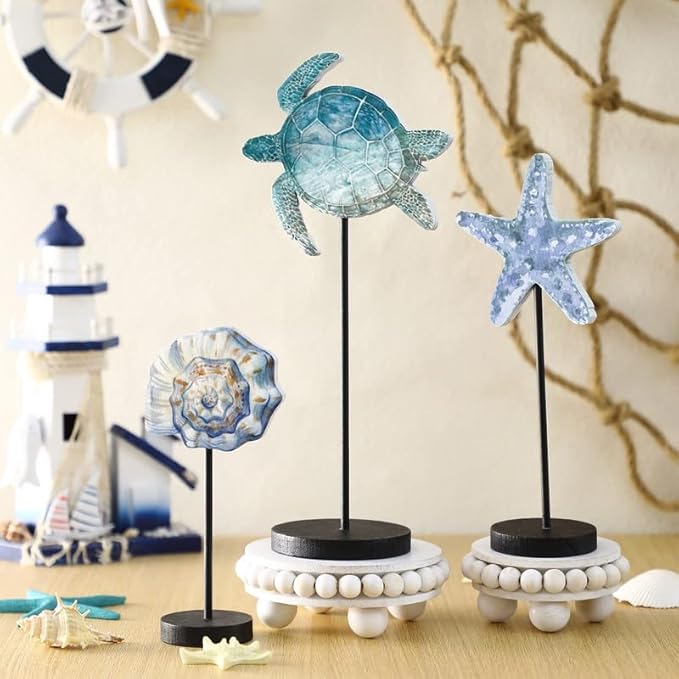 Maitys 3 Pcs Sea Table Decor Coastal Turtle Starfish Decor Ocean Beach Centerpieces Nautical Standing Block Wooden Centerpiece Sign for Summer Holiday Seasonal Home Kitchen