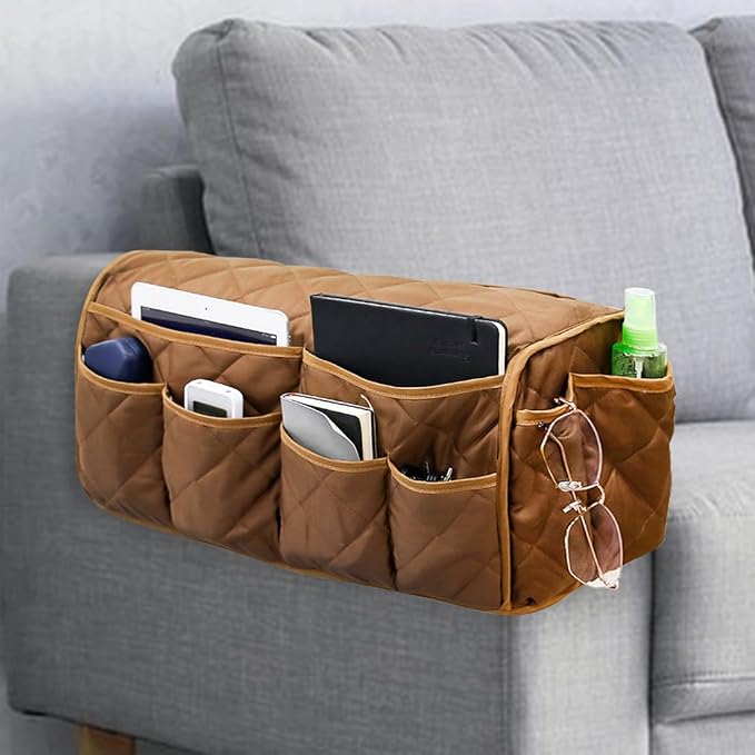 Remote Control Holder for Armchair, Armchair Caddy TV Remote Holder for Recline 14 Pockets, Non-Slip Remote Caddy Couch Caddy Organizer for TV Remote, Phone, Magazine (Brown)