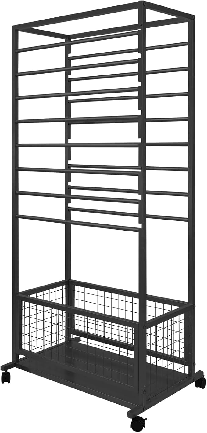16-Layer Scarf Display Stand, Rolling Scarf Organizer Holder Hanging Rack with Wheels & Storage Basket for Retail Store Boutique Display Bedroom, W26.5*D16.9*H59in (Black)