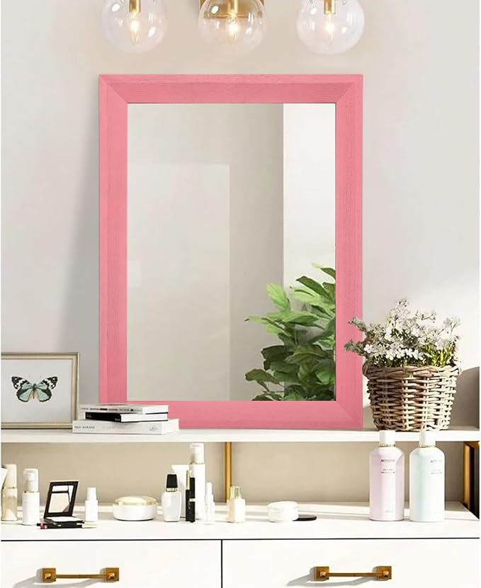 AAZZKANG Rectangle Mirror with Wood Frame Modern Farmhouse Wall Mirrors Decor Large 28"x20" for Bedroom Bathroom Living Room Pink