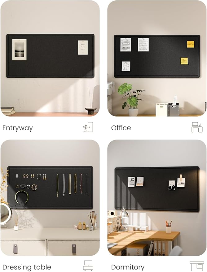 Fluxynara Bulletin Board, 35" x 17.5" Cork Board Alternative with 12 Safe Removable Adhesive Tabs, Foldable Felt Pin Board for Home Office, Classroom, Bedroom,Entryway for Walls—Black