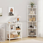 FATORRI Tall Corner Shelf, 5 Tier Modern Corner Bookshelf Stand, Wood and Metal Corner Plant Bookcase for Living Room, Home Office (White Oak)