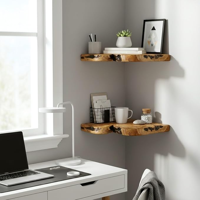 WELLAND Floating Corner Shelf Set of 2 Wall Mounted, 10.86 x 11.5 Inches for Living Room, Bedroom Bathroom, Rustic Space-Saving Corner Storage Shelf for Home Decor and Organization