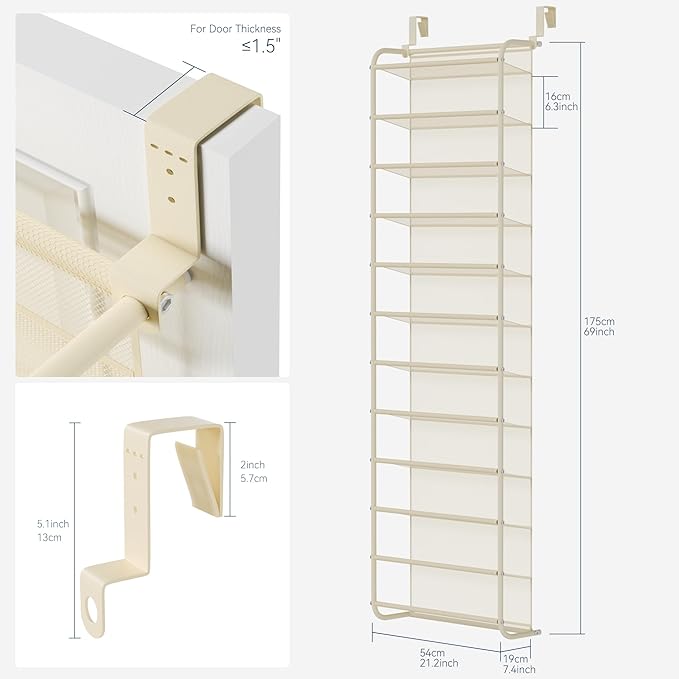 Whitmor 36 Pair Over The Door Shoe Organizer, 12 Tier Hanging Shoe Organizer, Heavy Duty Metal & Mesh Shoe Holder, Hanging Shoe Rack for Closet Organizer & Storage, 69"L x 21.7"W x 7.5"H, Beige