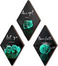3 Pcs Teal Wall Decor Teal Rose Bathroom Decor Farmhouse Turquoise Bathroom Inspirational Wood Office Wall Art with Accept Let Go Have Faith Sign for Girl Women Living Room Bedroom(12x7 Inch)