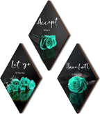 3 Pcs Teal Wall Decor Teal Rose Bathroom Decor Farmhouse Turquoise Bathroom Inspirational Wood Office Wall Art with Accept Let Go Have Faith Sign for Girl Women Living Room Bedroom(12x7 Inch)