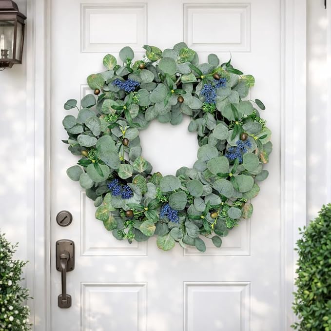 22 Inch Eucalyptus Wreath with Olive Leaves and Berries All Year Round, Handmade Green Spring Summer Wreaths for Front Door Indoor Outdoor Wedding Holiday