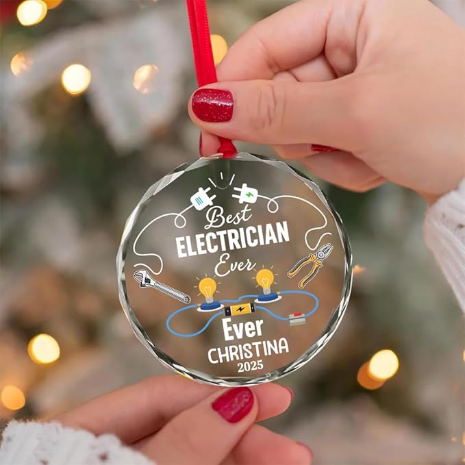 BSQUIELE Personalized Best Electrician Ever Glass Ornament 2025 - Funny Retirement Gift Custom Name and Date Keepsake - Xmas Tree Hanging Decoration for Electrician Men