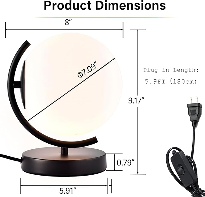 Modern Globe Table Lamp - 7.1" Opal Glass Shade, Black Metal Base - Mid Century Small Lamp for Bedroom Nightstand, Office Desk - Plug-in with 5.9FT Cord & On/Off Switch-Decorative Bedside Table Light