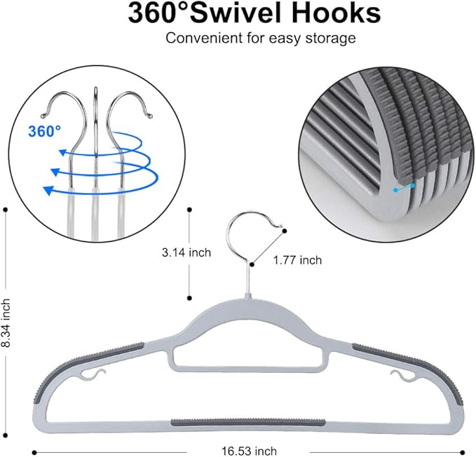 Coat Hangers, Pack of 50 Plastic Clothes Hangers, Space-Saving,Super Non-Slip,11lb Weight Capacity (Grey)