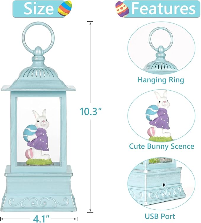 Easter Snow Globe, Easter Decorations for The Home, Lighted Glitter Bunny Snowglobe Lantern for Spring Home Decor