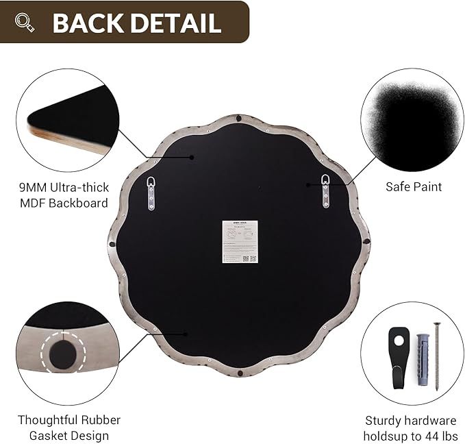ANDY STAR Chrome Round Wall Mirror 36 inch, Polished Metal Frame Circle Bathroom Mirror in SUS304 Stainless Steel Frame, with Unique Modern Circular Wavy Design