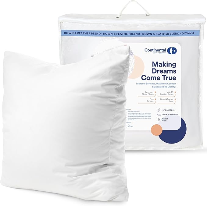 Continental Bedding Throw Pillow Inserts - 22x22, 80% White Goose Down & 20% Feather Fill - Soft Decorative Euro Pillows for Couch, Bed, Sofa & Living Room - Luxurious Comfort & Support