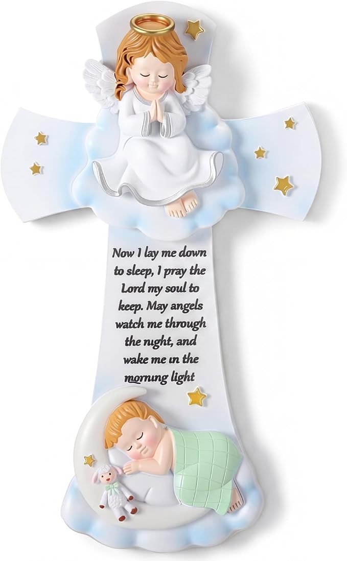 Wenqik 7.1 Inch Guardian Angel Baptism Decorative Hanging Resin Cross Sweet Dreams Baby Decorative Angels Cross Wall Decoration for Boys and Girls Keepsake Nursery Room Christening Gift