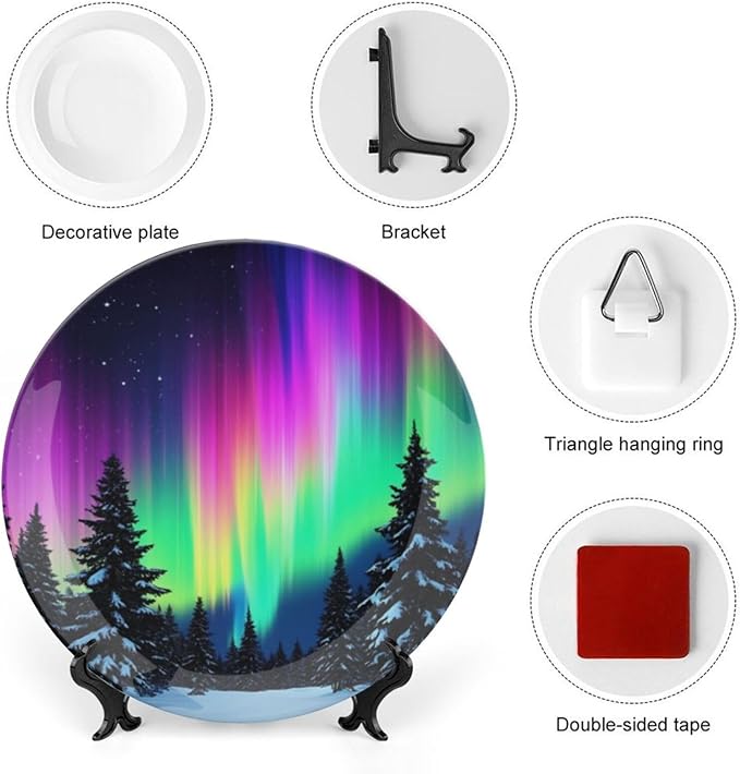 Aurora Theme Decorative Ceramic Plate Round Porcelain Plate,6 inch,Snow Forest Pattern,for Decorative Ornaments Giving Plates,1 Plate with 1 Display Stand,Purple Green