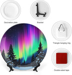 Aurora Theme Decorative Ceramic Plate Round Porcelain Plate,6 inch,Snow Forest Pattern,for Decorative Ornaments Giving Plates,1 Plate with 1 Display Stand,Purple Green