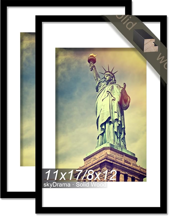 100% Solid Wood 11x17 Picture Frame Set of 2, Black Frame Display Photo 8 x 12 with Mat or 11 x 17 without Mat, 11by17 HQ Matte Black Frame for Wall - 2 Pack/Black/11 x17