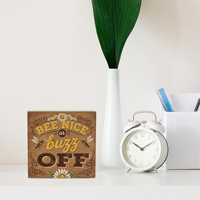 Bee Decor Summer Wall Decor Bee Nice Or Buzz Off Summer Decorations Wooden Box Sign for Home Office Farmhouse Table Shelf