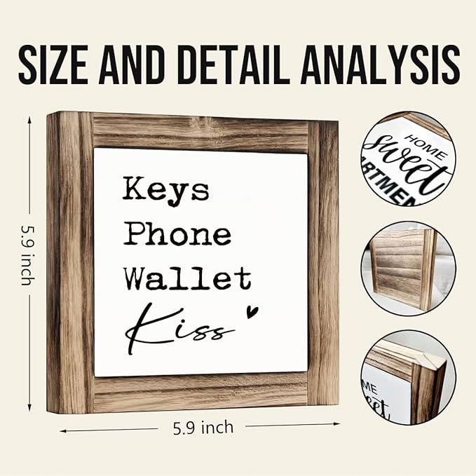 Home Decor Signs, Front Door Decoration for Shelf, Decorative Wooden Box Sign, Farmhouse Home Decor for Entryway, Housewarming Decor Accessories, Keys Phone Wallet Kiss Sign, 5.9×5.9 inches