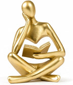 Gold Accent Bookshelf Decor Thinker Statue, Abstract Reading Figurine Style A, Resin Decorative Bookend for Coffee Table, Shelf, Office, Library